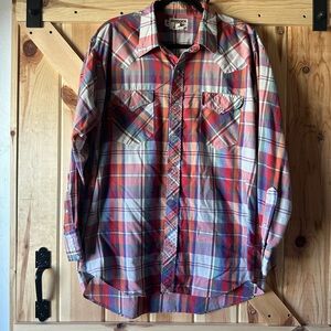 Red and Blue Plaid Casual Button Down Shirt with Pointed Collar and pear snaps